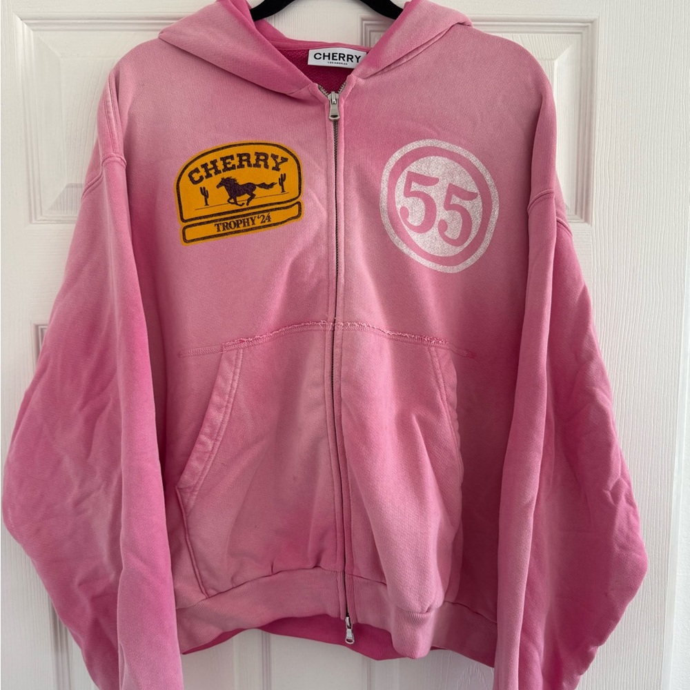 Cherry LA Pink Zip-Up Hoodie with Yellow Patch and White Graphic